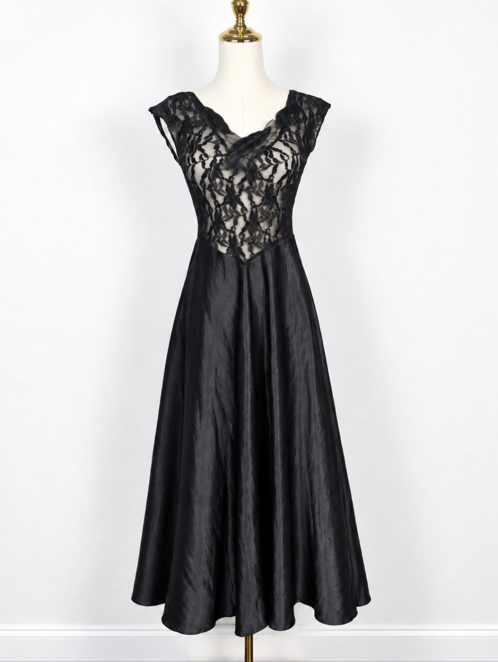 Vintage 80s Cinema Etoile Black Lace Satin Gothic Whimsygoth Midi Dress Size S/M